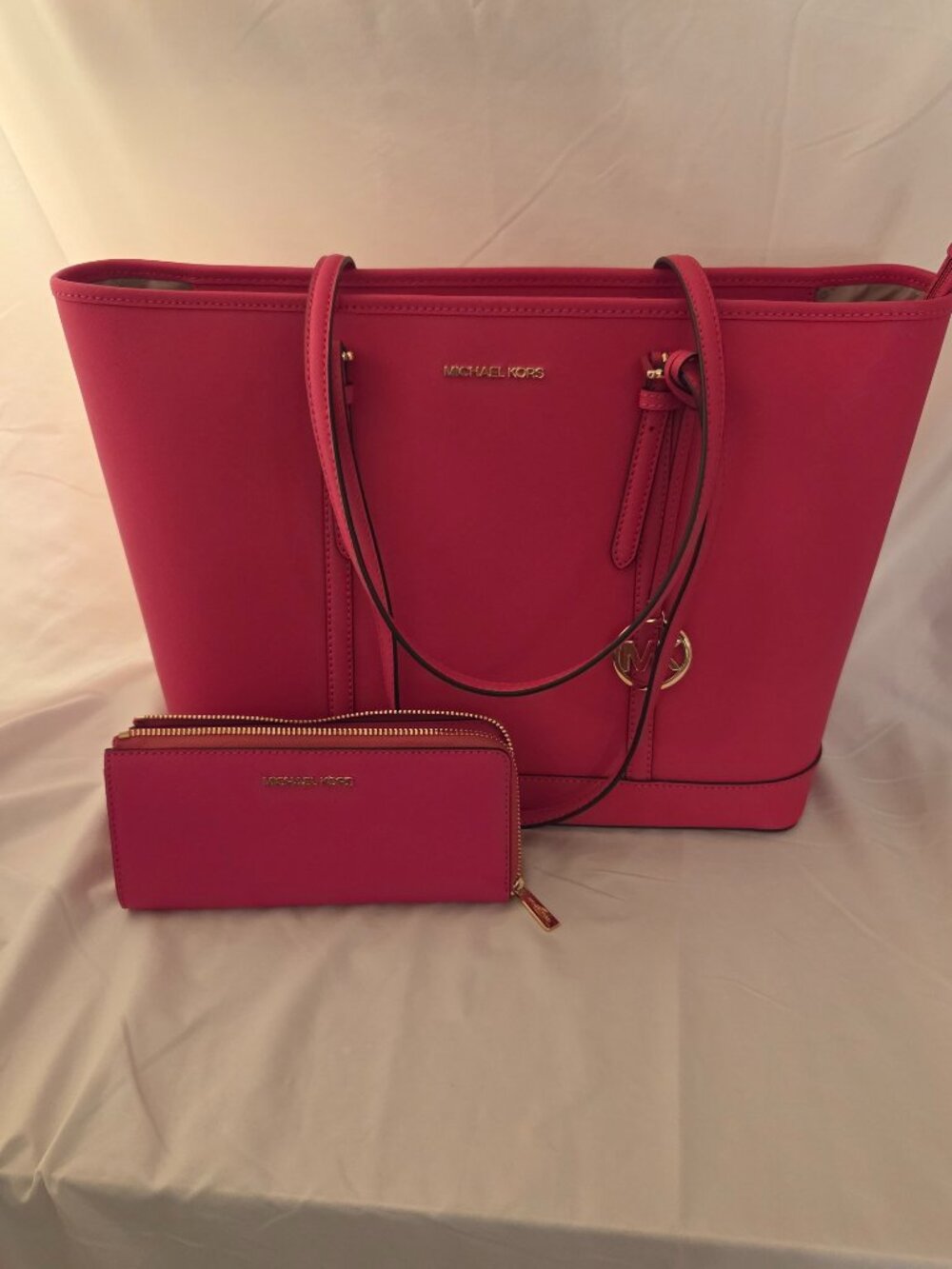 Michael Kors Hot Pink Saffiano Leather Tote and Matching Wallet